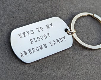 Keys to my bloody awesome Landy - Personalised stamped effect font stainless keyring / Keychain