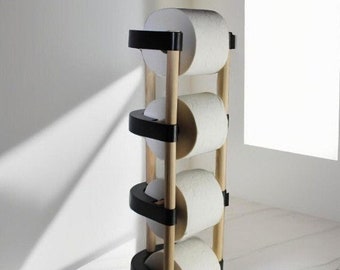 Toilettenpapierhalter aus Holz mit schwarzen Details WC Rollenhalter Ständer Klopapierhalter Stilvolles Badezimmerdeko Papierhalter