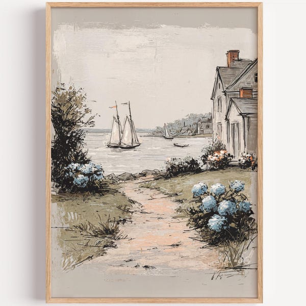 Vintage Sailboat And Hydrangeas  Watercolor Wall Art, Vintage Poster Print, Coastal and Nautical Decor,  Beach Wall Decor, Nautical Decor