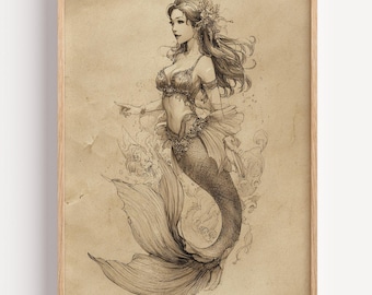 Vintage Mermaid Wall Art, Siren Art Print, Coastal Wall Decor, Beachy Art, Beach Home Artwork, Nautical Decor, Mermaidcore, Housewarming