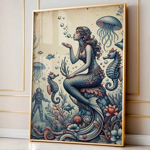 Zeemeerminkunst, vintage muurkunst, kust- en nautisch decor, strandmuurdecor, Mermaidcore-decor, oceaanmuurafdruk, housewarmingcadeau