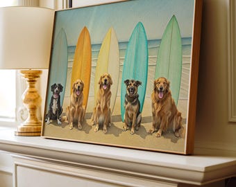 May include: A painting of six dogs sitting in front of surfboards. The dogs are all different breeds and colors, and they are all smiling. The surfboards are painted in bright colors, and they are all leaning against each other. The background is a beach scene with blue water and white sand.