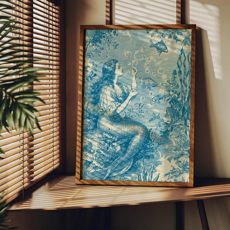 Vintage Mermaid Wall Art | Blue Coastal Nautical Decor | Ocean Bedroom ...