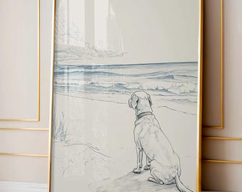 May include: A framed illustration of a white dog sitting on a beach, looking out at the ocean. The dog is drawn in a simple, realistic style, and the ocean is depicted with blue and white waves.