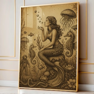 Zeemeerminkunst, vintage muurkunst, kust- en nautisch decor, strandmuurdecor, Mermaidcore-decor, oceaanmuurafdruk, housewarmingcadeau