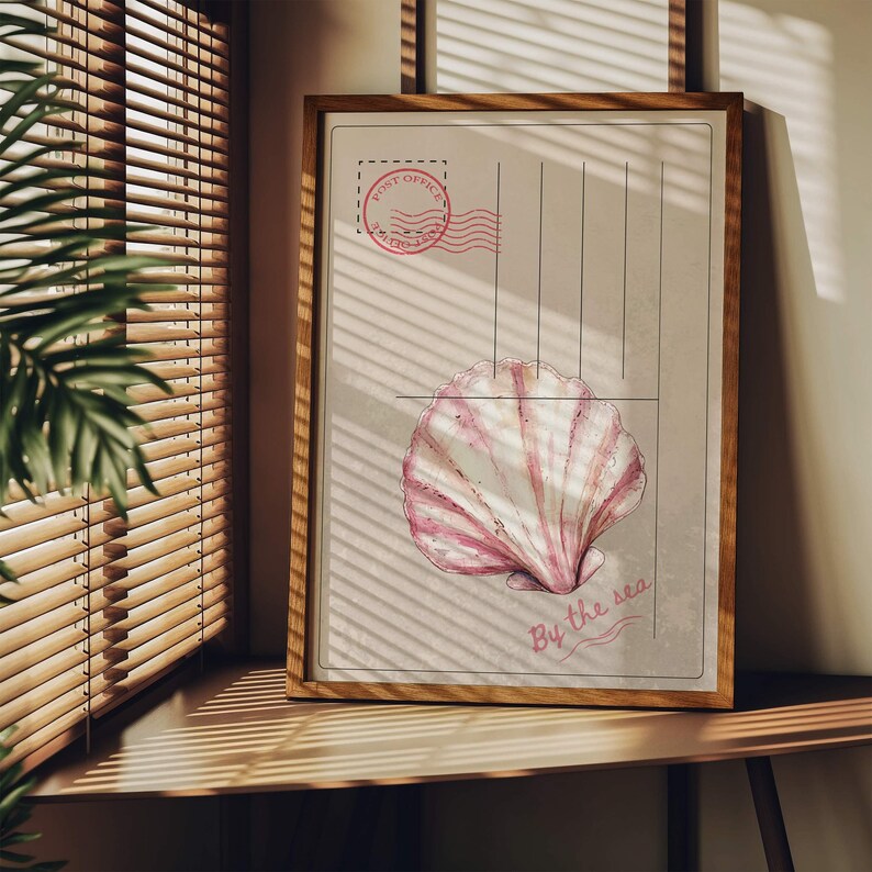 Coastal Beach Wall Art, Pink Seashell Beach House Print, Beach Postcard ...