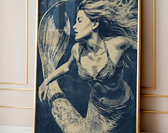 Vintage Mermaid Art Print, Vintage Wall Decor, Beach Home Aesthetic, Gift for Art Lovers, Fantasy Room Decoration, Ocean-Themed Artwork