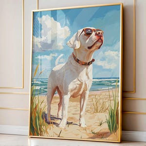 Coastal Beach Wall Art, White Lab Beach House Print, Beach Wall Art, White Lab Art Print, Summer Decor, Beachy Decor, Dog Mom, Dog Wall Art