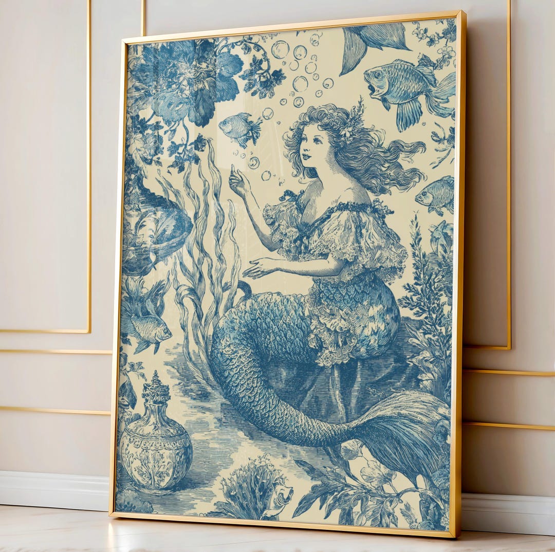 Vintage Mermaid Wall Art | Blue Coastal Nautical Decor | Ocean Bedroom ...