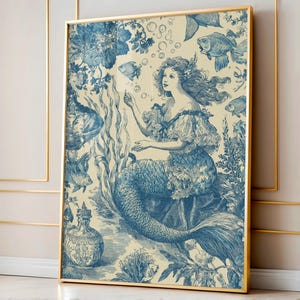 Zeemeermin kunst aan de muur, vintage kunst aan de muur, kust- en nautisch decor, strand muur decor, Mermaidcore decor, oceaan muur print, housewarming cadeau