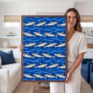 Sardine Pattern Poster, Blue Ocean Fish Wall Art, Mediterranean Seafood Print, Coastal Kitchen Decor, Repeating Fish Art