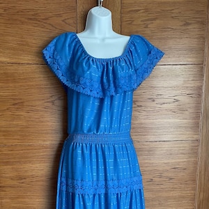 1990s True Vintage Blue On/Off Shoulder Festival Dress, C&A, 70s style, Beautiful Detail, Size 12 to 14