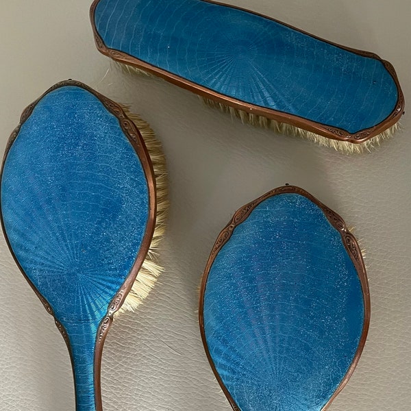 1930s Blue Guilloche Enamel Brush Vanity Set, Art Deco, Antique Hair Brush and Clothes Brush