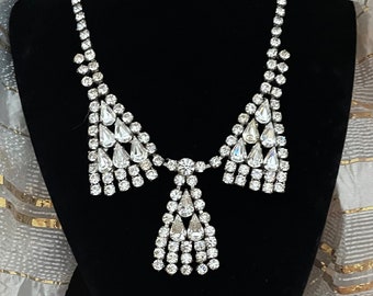 Vintage Rhinestone Diamante Statement Necklace, Art Deco Style, Adjustable Length