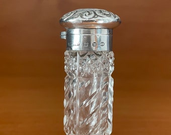 Victorian 1896 Sterling Silver Mounted Cut Glass Cylinder Scent Bottle by George Edwin Walton Ltd, assayed in Birmingham, 60mm high.