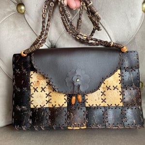 1980s Coconut Carved Shoulder Bag, Brown and Cream Rustic Stitching, Boho Vintage Bag