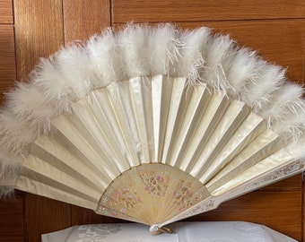19th Century Ostrich Feather Ladies Ivory Coloured Decorated Hand Held Fan