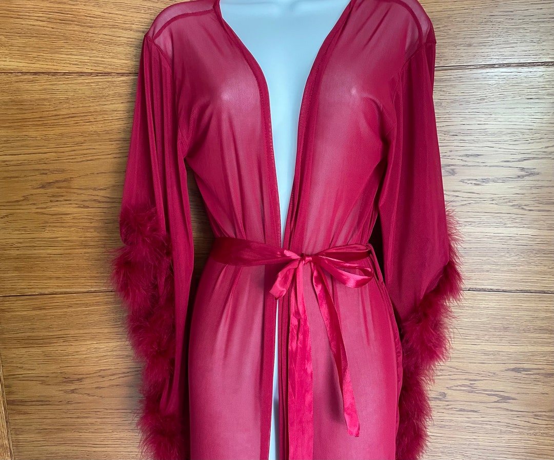 A Red Robe Ribbon Red Feather Maxi Boudoir Robe, Multisize, Mesh Peignoir With Tie Ribbon ...
