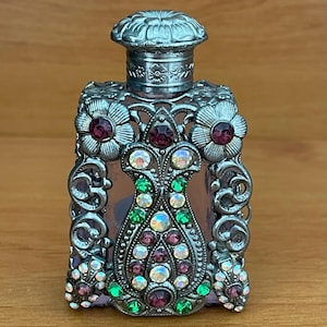 Vintage Bohemian Czech Ornate Jewelled Perfume Bottle with Glass Dabber, Boudoir Decor, Vintage Gift, Handbag Accessory