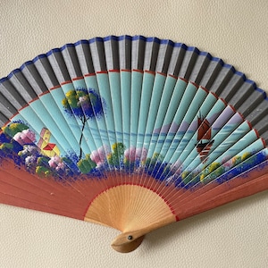 Vintage Folding Fan, Sailing Boat on Seashore, 16&quot; Span, Hand Painted