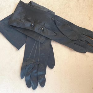 1960s Black Silky Evening Opera Gloves, To the Elbow, Button Wrist, Size 7 Medium Fit