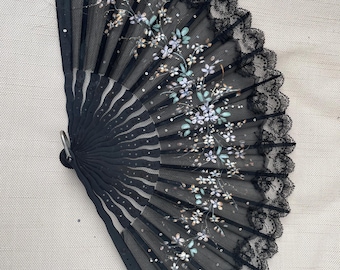 Antique Silk Leaf Evening or Mourning Fan, 18" Span, Pretty Floral Detail with Sequins and Lace Fringe