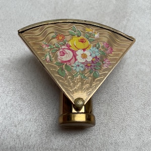 Stratton 1950s Fan Shaped Lipstick Holder, Floral Cover, Handbag Mirror, Vintage Gift, Boudoir Decor