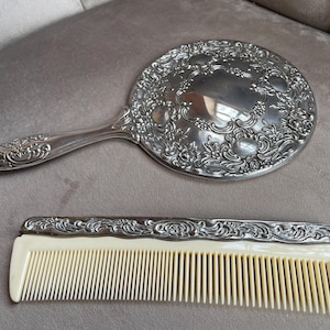Vintage Silver Plated Vanity Set, Mirror and Comb, Art Nouveau Style, Dressing Table Decor