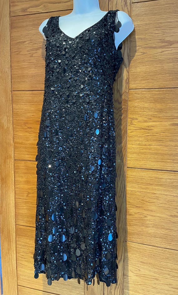 1990s Frank Usher, Black Sequin Cocktail Dress, Sequin Drops, Back