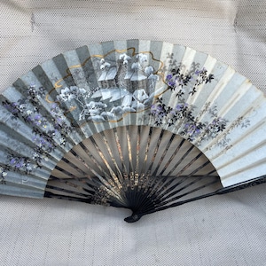 Antique Lacquered Wood Painted Paper Folding Fan, Winter Floral Scene, 15&quot; Span