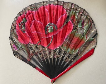 Art Deco Painted Red and Green Floral Folding Flower Fan with Sequin Details, Black and Gold Netting  - Hand Held Fan