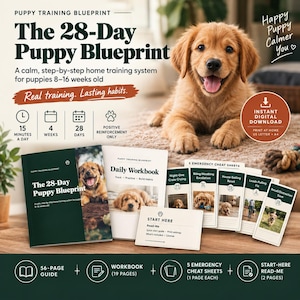 Op de afbeelding: Een puppytrainingsgids getiteld The 28-Day Puppy Blueprint, bestaande uit een handleiding van 56 pagina's, een werkboek van 19 pagina's en 5 nood-spiekbriefjes. De set bevat een startdocument voor puppy's van 8 tot 16 weken oud.