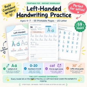 Puede incluir: Un cuaderno de ejercicios de caligrafía en PDF imprimible para niños zurdos de 4 a 7 años, con 59 páginas. El conjunto incluye trazado de letras, números del 0 al 20, palabras básicas y una guía de inclinación de papel de 30 grados.