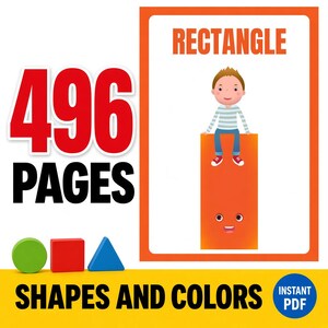 Puede incluir: Material educativo con el texto 496 PAGES SHAPES AND COLORS INSTANT PDF. Se muestra un gran rectángulo naranja con una cara y un personaje de dibujos animados sentado encima. Debajo hay un círculo verde, un cuadrado rojo y un triángulo azul.