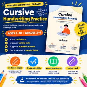 May include: A 50-page printable cursive handwriting practice workbook for ages 7-10 and grades 2-4. The cover features a person writing at a desk. Includes sections for letter pages, tricky-join drills, words, sentences, and US Letter or A4 formats.