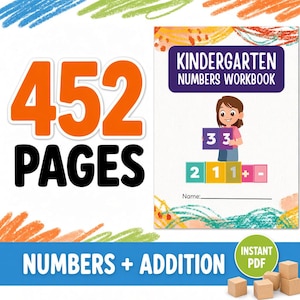 Könnte beinhalten: Ein digitales Arbeitsbuch-Cover mit dem Titel Kindergarten Numbers Workbook, das eine Zeichentrickfigur zeigt, die einen lila Block mit der Zahl 33 hält, über bunten Blöcken mit den Zahlen 2, 1, 1, + und -. Der Text 452 PAGES und NUMBERS + ADDITION ist neben einem INSTANT PDF-Abzeichen zu sehen.