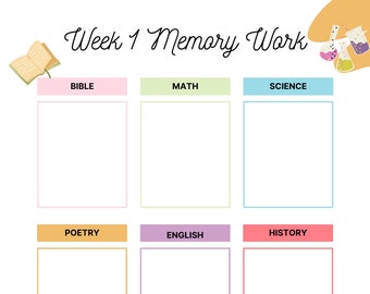 Printable memory work organizers, for Classical home-education. Blank spaces to be filled with your own customized memory work!