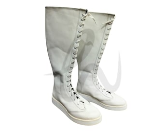 Handmade Custom Wrestling Shoes | Premium Leather Wrestling Long Boots | Lace-up style White Long Shoes
