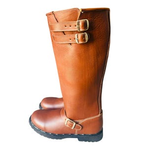 May include: Brown leather knee-high boots with two buckles on the shaft and one buckle on the ankle.