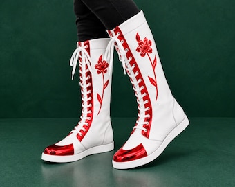 Herren-Wrestlingstiefel, handgefertigte weiße Lederschuhe mit rotem Blattmuster, kniehohe Schnürschuhe, individuell anpassbar
