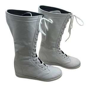 Lange witte laarzen Pro Wrestling, veterschoenen, handgemaakte 100% originele effen leren laarzen