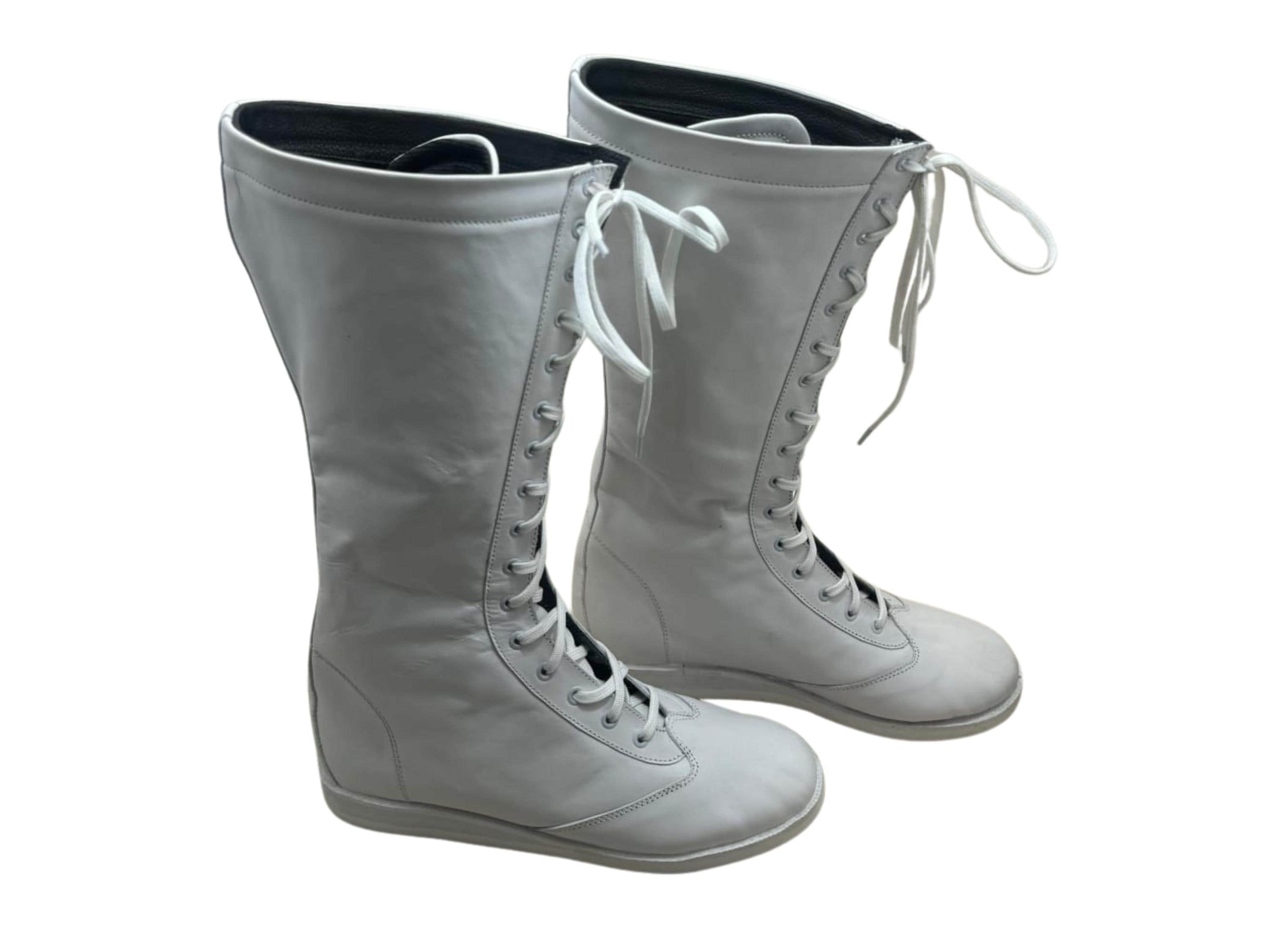 Pro Wrestling Long White Boots, Lace-up Style Shoes, Handmade 100% Original Plain Leather Boots