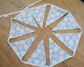 Fabric Bunting Garland, Blue and White Clouds, Bunting Banner, Handmade Fabric Flags, Bunting Flags, 9 Flags, Home or Party Decor