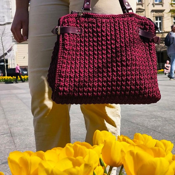 Crochet Tote Megan's bag, Knitted, handmade, by master class BilykStudio business style,  a laptop, tablet, the color is wine 13.78" 10.63