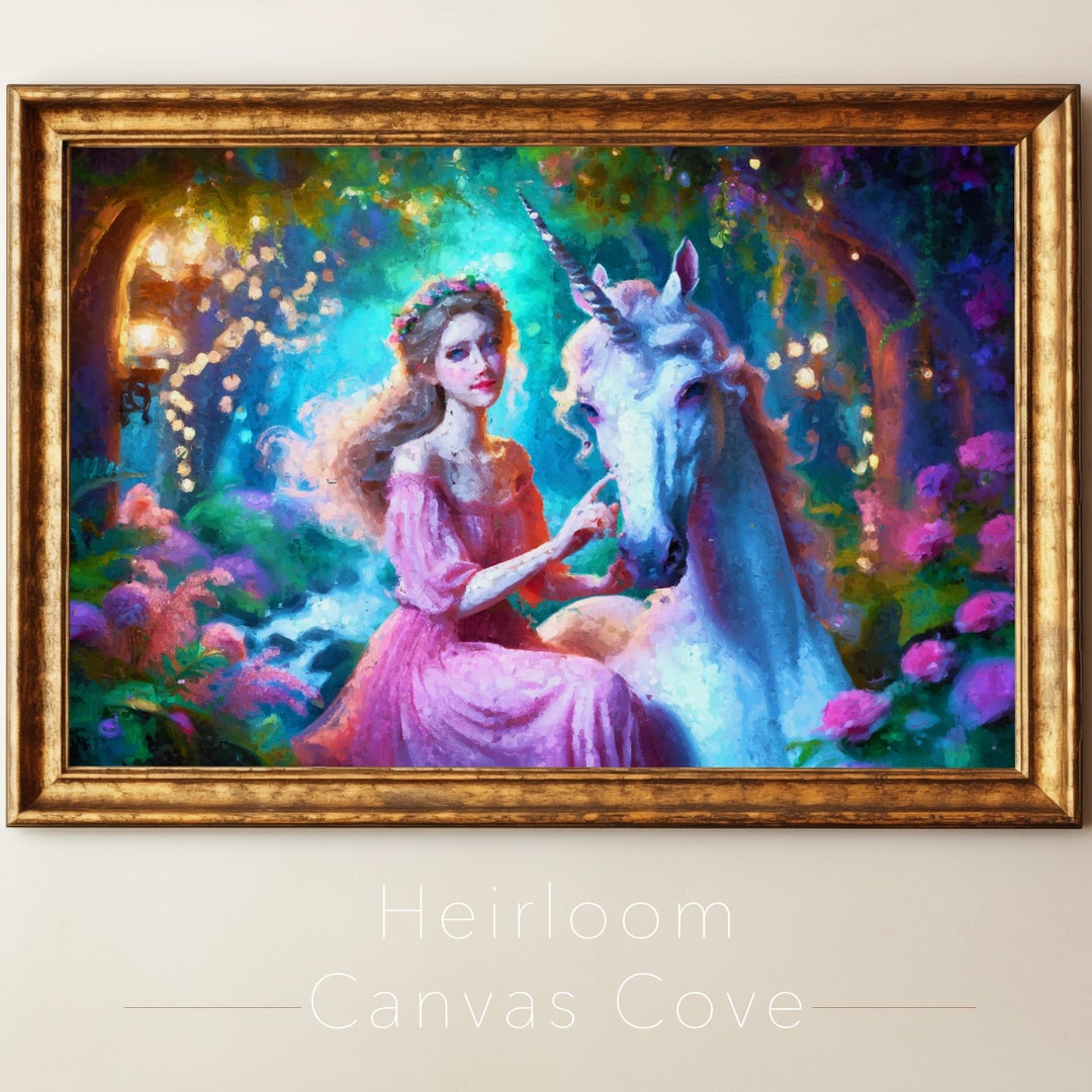 Enchanted Forest Digital Art, Fantasy Unicorn and Maiden Painting