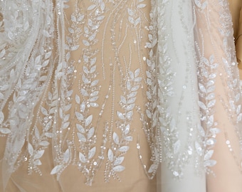 Ivory 3D Leaves Beaded Lace, Sheer Bridal Mesh with Clear Sequins and Floral Leaf Embroidery for Wedding Dress or Veil | Leaves Love