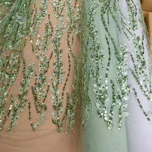 Pistachio Green Leaf Lace Fabric, Beaded & Sequin Floral Embroidered Mesh with 3D Leaves for Dresses, Gowns, Couture Sewing | Leaves Love