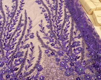 Majestique - Deep Purple Lace Fabric by the Yard, Royal Violet Beaded Mesh for Pageant Gown, Prom Dress and Eveningwear