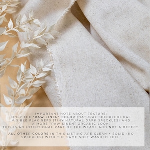 May include: A piece of off-white fabric with a natural speckled texture and visible flax neps. The fabric features a raw, organic appearance with a soft, washed feel. Text on the image explains that the speckled look is intentional.