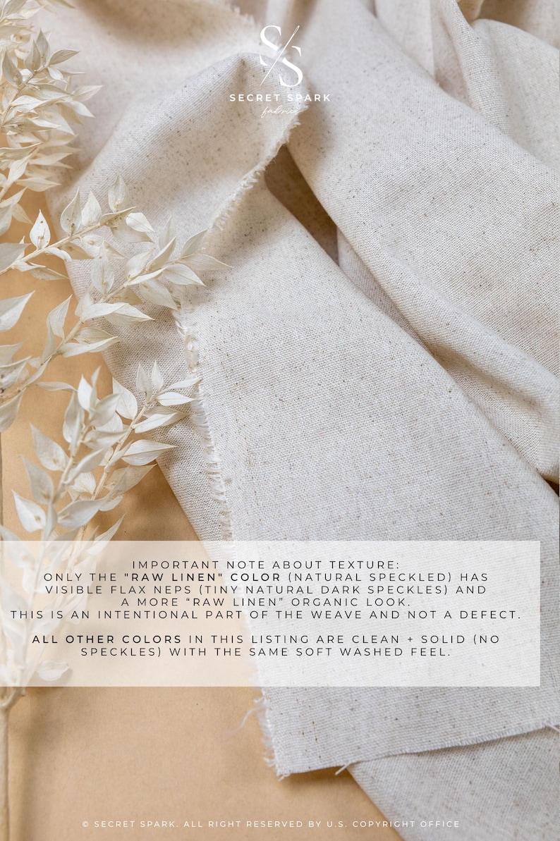 May include: A piece of off-white fabric with a natural speckled texture and visible flax neps. The fabric features a raw, organic appearance with a soft, washed feel. Text on the image explains that the speckled look is intentional.